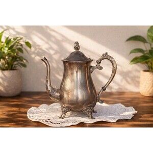 Vintage Ornate Floral Silverplate Footed Coffee Pot Teapot